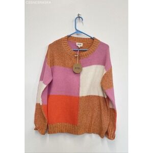 BiBi Orange/Pink Multi-Colored Checkered Lightweight Sweater - Size S